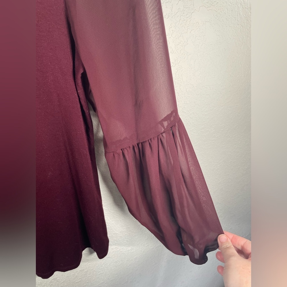 Vince Camuto Burgundy Blouse with Sheer Bell Sleeves and Key Hole - Picture 4 of 7